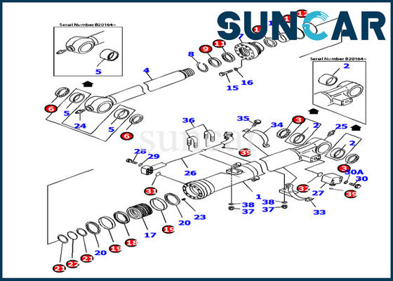 PC160LC-7 Segel Hidrolik Komatsu 707-99-37380 Kit layanan Silinder Bucket Suku cadang model pelumas